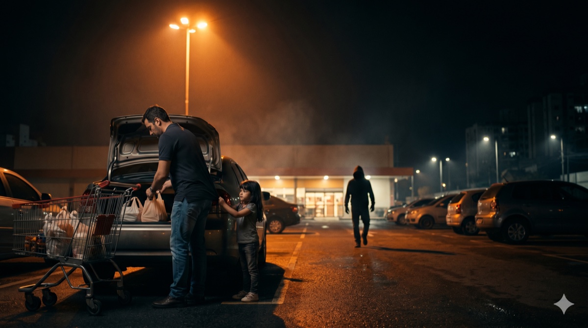 Família no estacionamento, criança ao lado, ameaça se aproximando