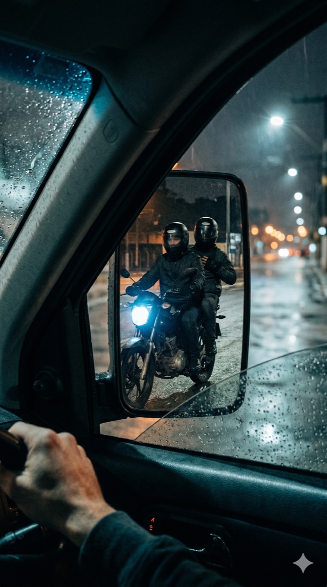 Retrovisor com dois capacetes pretos se aproximando